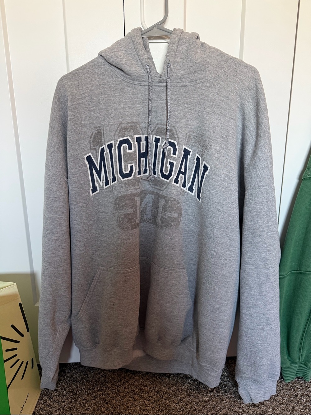Gildan Gray Michigan Hooded Sweatshirt with Navy Lettering
